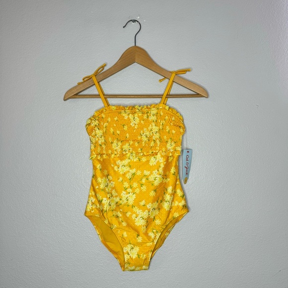 New Swimsuit Girls Cat & Jack Size L (10-12), Yellow One Piece, Floral - Picture 3 of 9